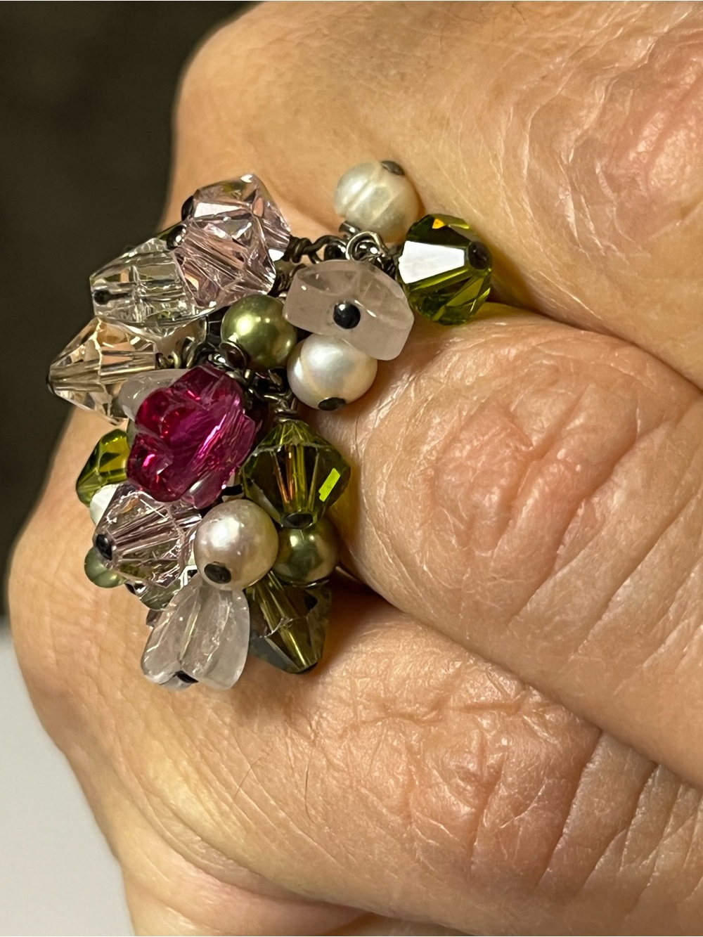 Vintage Cluster Bead Statement Ring in Pink, Green, and Clear adjustable $25 - Picture 6 of 9